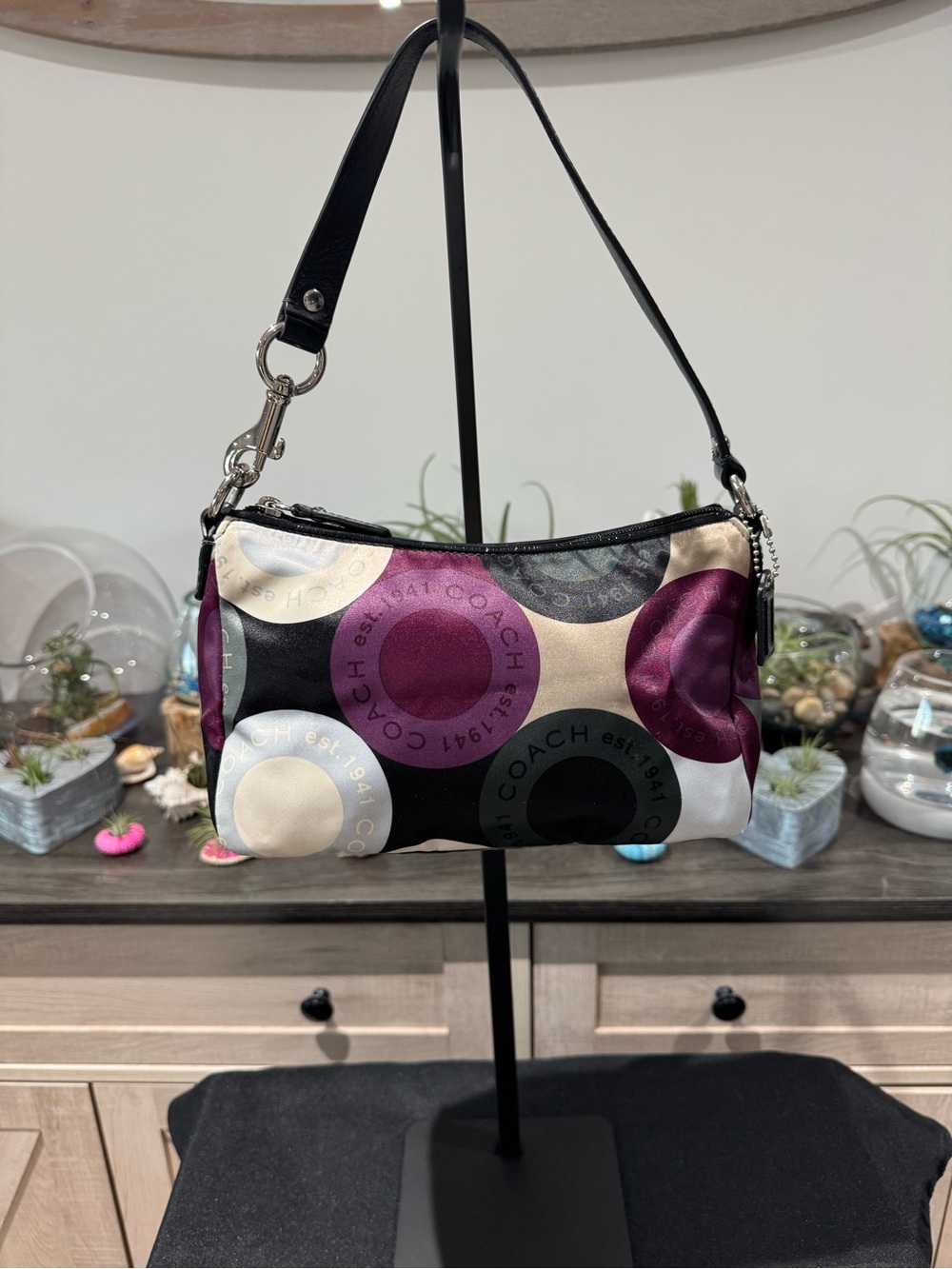 Coach Satin Circle Print MINI Shoulder Bag Y2K Purple Black Baguette
